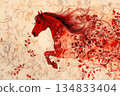 Red horse focal point in intricate toile-style design. Ideal for stationery, wall art, and home decor projects. 134833404