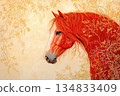 Bright red horse galloping at the center of a toile-inspired illustration. Perfect for textile, home decor, and print designs. 134833409