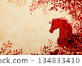 Bright red horse galloping at the center of a toile-inspired illustration. Perfect for textile, home decor, and print designs. 134833410