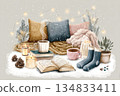 Naive whimsical illustrations of a serene winter home interior. Soft glowing lights evoke peaceful hygge moments. 134833411