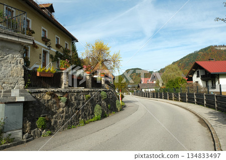 A classic European village in the autumn mountains. A classic European village in the autumn mountains. 134833497