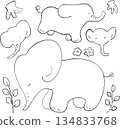 一組描繪溫順大象姿態和臉部表情的單色線條畫 134833768