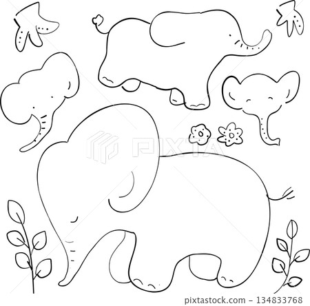 一組描繪溫順大象姿態和臉部表情的單色線條畫 一組描繪溫順大象姿態和臉部表情的單色線條畫 134833768