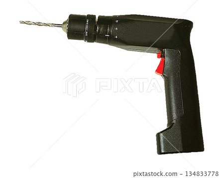 a black cordless drill with a metallic drill bit isolated on white background a black cordless drill with a metallic drill bit isolated on white background 134833778