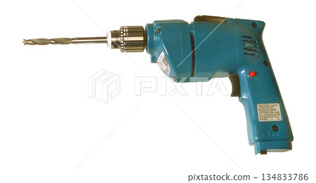 a blue handheld drill with a metallic drill bit isolated on white background a blue handheld drill with a metallic drill bit isolated on white background 134833786