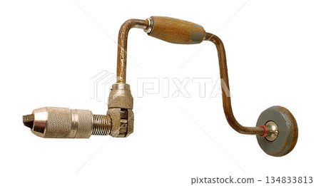 Vintage Hand Drill with Crank Handle isolated on a white background 134833813