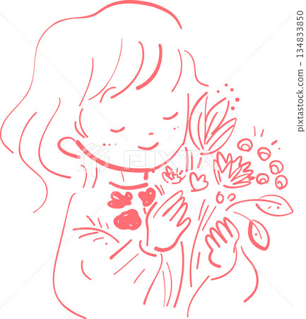 A simple line drawing of a girl holding a bouquet A simple line drawing of a girl holding a bouquet 134833850