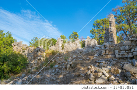 Ruins of ancient Phaselis, Antalya province. Turkey ancient city, streets, columns, buildings, scattered stones and parts of ruins and artifacts. 134833881