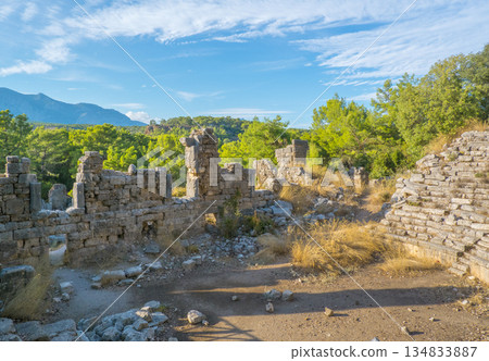 The theatre of the ancient city of Faselis or Phaselis. It is an ancient Greek and Roman settlement. Ancient cities on the Mediterranean coast of Turkey. Kemer district, Antalya city, Turkey country The theatre of the ancient city of Faselis or Phaselis. It is an ancient Greek and Roman settlement. Ancient cities on the Mediterranean coast of Turkey. Kemer district, Antalya city, Turkey country 134833887