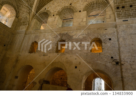 Interior of St. Nicholas Church with Byzantine Arches and Ancient Stone Walls, Demre. 134833900