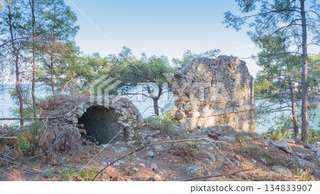 The ruins of the ancient city of Phaselis in Lycia in modern Turkey on the shores of the Mediterranean Sea. 134833907