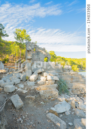 Remains of building walls in the ruins of the ancient city of Phaselis in Lycia in modern Turkey. 134833908