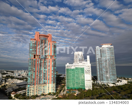 Miami Beach skyline aerial view. Miami city from drone. Tropical Miami scene. Miami district sky view. Famous oceanfront. Panoramic coastline. South beach panorama view. Summer travel in Florida. 134834003