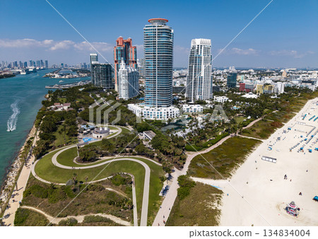 Aerial view of Miami beach coastline. Skyline and skyscrapers at Miami Beach. Summer Miamis vibes. Panoramic cityscape of Miami Beach. Miami skyline at daylight. 134834004