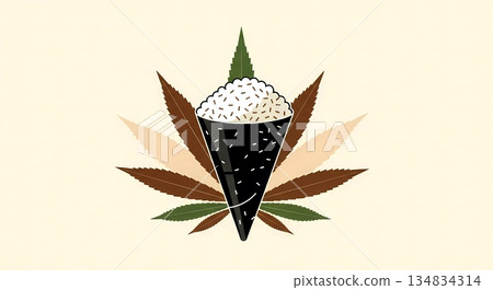 Geometric Japanese Design, Minimalist composition. a single temaki (hand roll) cone, background pattern of Asanoha (hemp leaf), in earthy tones of brown, beige, and moss green  134834314