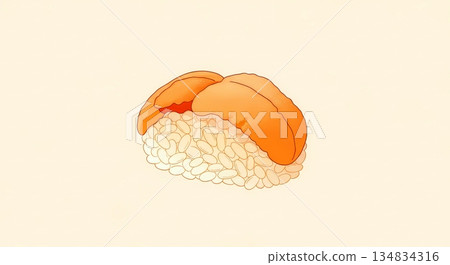 Subtle Gradient Art of a single piece of uni sea urchin nigiri, featuring isolated subject, centered, in a palette of sunset orange, pale yellow, and cream  134834316