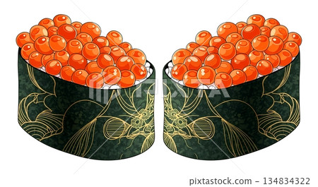 Japanese Decorative Style, two gunkan maki with shiny ikura (salmon roe), featuring gold metallic accents on the nori wrap  134834322