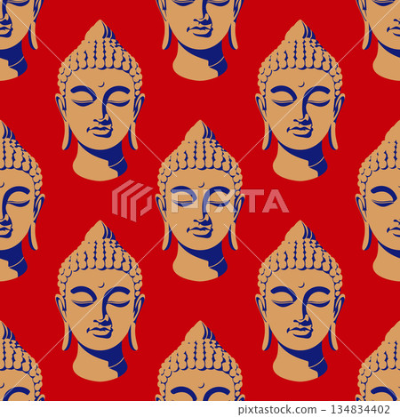 Buddha head. seamless vector pattern on bright red background 134834402