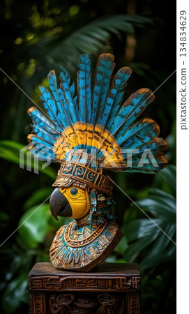 Intricate carved parrot bust adorned with vibrant turquoise and gold headdress, a striking display of ancient artistry Intricate carved parrot bust adorned with vibrant turquoise and gold headdress, a striking display of ancient artistry 134834629