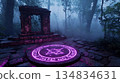 Mysterious ancient stone altar with glowing runes in a misty forest 134834631