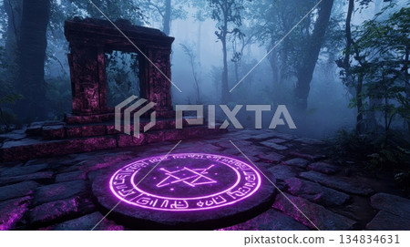 Mysterious ancient stone altar with glowing runes in a misty forest 134834631