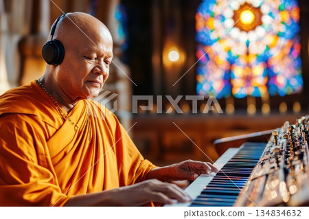 A Buddhist monk in orange robes serenely plays a keyboard while wearing headphones, creating a peaceful atmosphere within a church 134834632