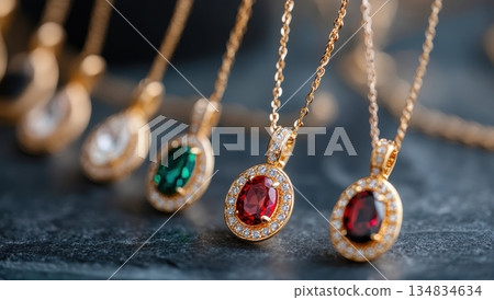 Elegant gold necklaces with vibrant gemstone pendants, showcasing red, green, and clear stones, displayed on a dark surface 134834634