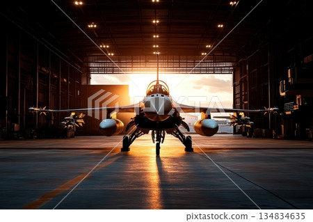 A military fighter jet stands majestically in a hangar, bathed in the warm glow of the setting sun 134834635