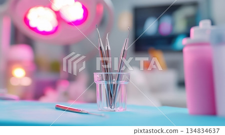 Sterile dental instruments neatly arranged in a glass on a teal surface, ready for a dental procedure Sterile dental instruments neatly arranged in a glass on a teal surface, ready for a dental procedure 134834637