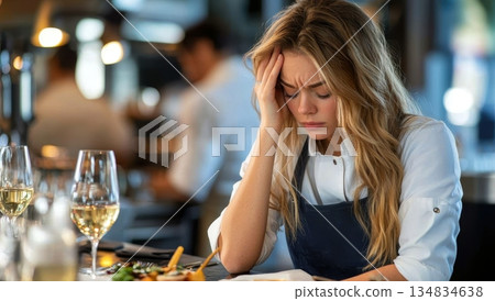 A young chef, overwhelmed and stressed, sits at a restaurant table, hand on her forehead, showing exhaustion and worry 134834638