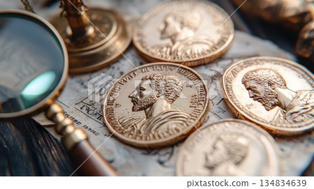 Ancient Roman gold coins, a magnifying glass, and antique objects rest on an aged parchment, evoking a sense of historical discovery and exploration 134834639