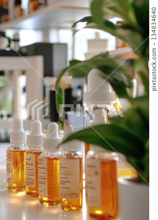 Small amber bottles with droppers sit on a table, partially obscured by lush green plant leaves, suggesting essential oils or similar products 134834640