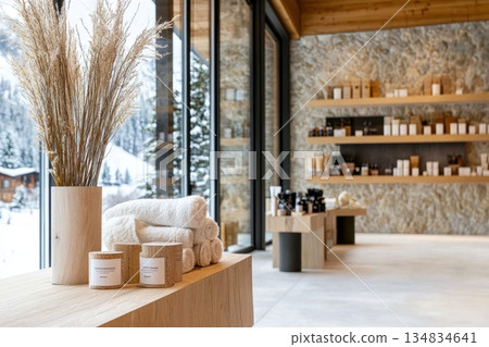 A spa shop interior with wooden shelves displaying products, fluffy towels, and candles near a window with a snowy mountain view 134834641