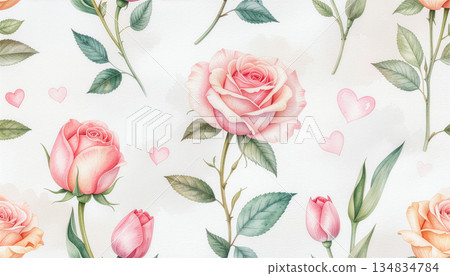 Delicate pastel watercolor floral background with hearts. Perfect for 14 February, 8 March designs, invitations, and digital backgrounds. 134834784