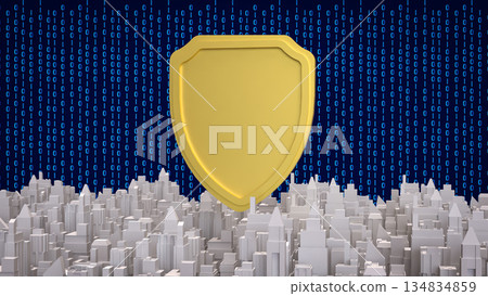 Cybersecurity Shield Protecting Digital City Infrastructure 3d render. 134834859