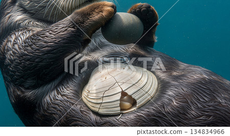 A sea otter floats on its back in clear water, using a rock to break open a clam shell. The shell shows cracks as particles drift away. This behavior is common for sea otters. 134834966