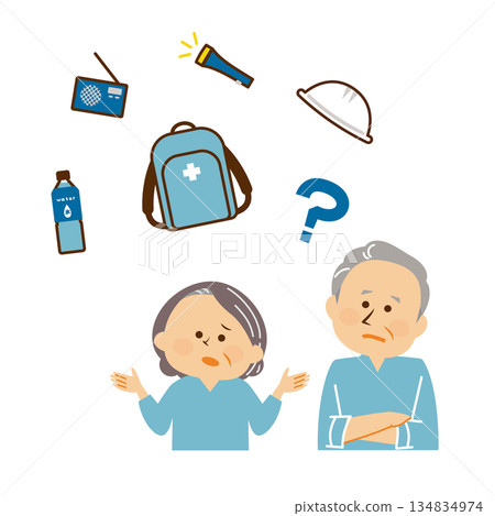 Disaster prevention: Illustration of a senior thinking about disaster prevention supplies Disaster prevention: Illustration of a senior thinking about disaster prevention supplies 134834974
