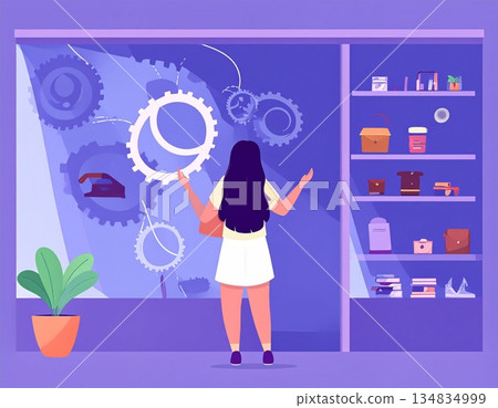 A woman looks at a display of gears in a showroom 134834999