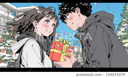 一位年輕女子正準備送給一位男士一些情人節巧克力。 一位年輕女子正準備送給一位男士一些情人節巧克力。 134835074