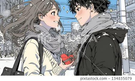 一位年輕女子正準備送給一位男士一些情人節巧克力。 134835079