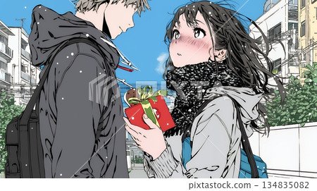 一位年輕女子正準備送給一位男士一些情人節巧克力。 134835082