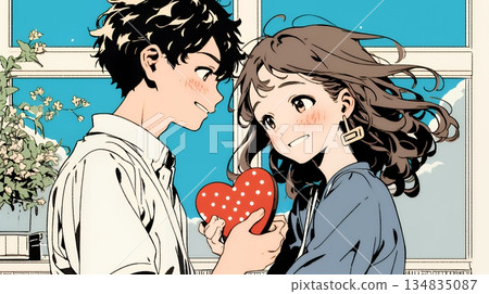 一位年輕女子正準備送給一位男士一些情人節巧克力。 134835087