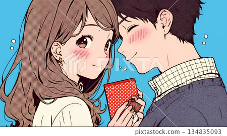 一位年輕女子正準備送給一位男士一些情人節巧克力。 134835093