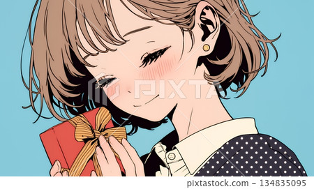 一位年輕女子正準備送給一位男士一些情人節巧克力。 134835095