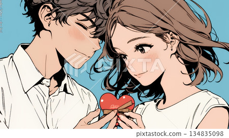 A young woman about to give a man some Valentine's Day chocolate 134835098