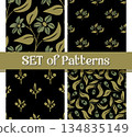 Elegant Botanical Seamless Pattern Set with Lush Plants on Deep Black Background 134835149