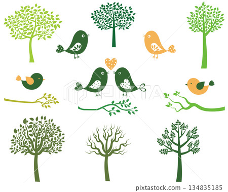 Green trees, birds and branches silhouettes 134835185