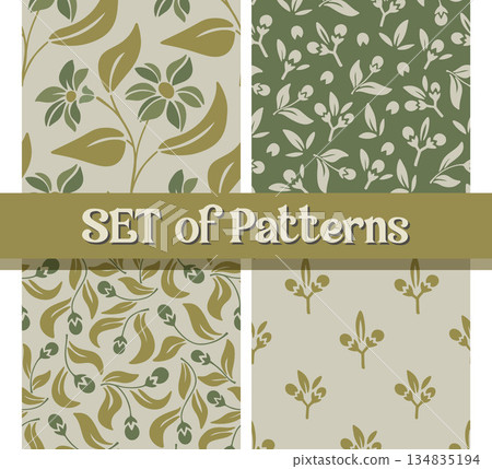 Natural Tone Botanical Seamless Pattern Set with Organic Earthy Plant Elements Natural Tone Botanical Seamless Pattern Set with Organic Earthy Plant Elements 134835194