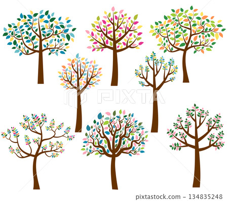 Vector set of cartoon trees with colorful leaves 134835248
