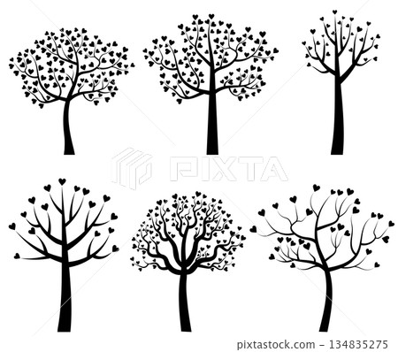 Set of black vector tree silhouettes with leaves in the shape of hearts Set of black vector tree silhouettes with leaves in the shape of hearts 134835275